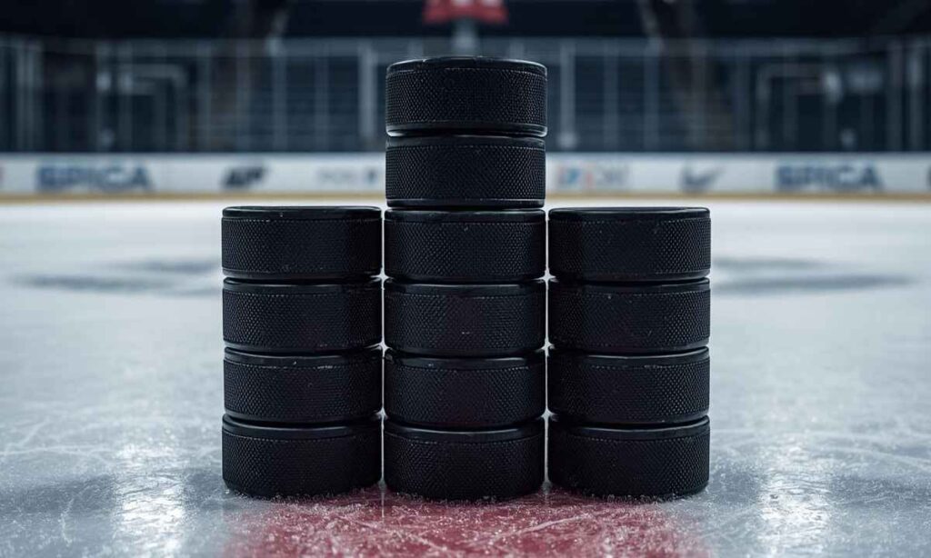 11 Hockey Pucks Stacked End to End